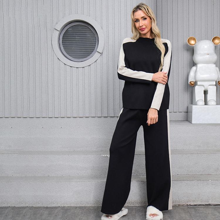 Осенне-зимний женский повседневный вязаный свитер, брюки, комплект из двух предметов, пуловер с длинным рукавом и брюки с широкими штанинами, спортивный костюм