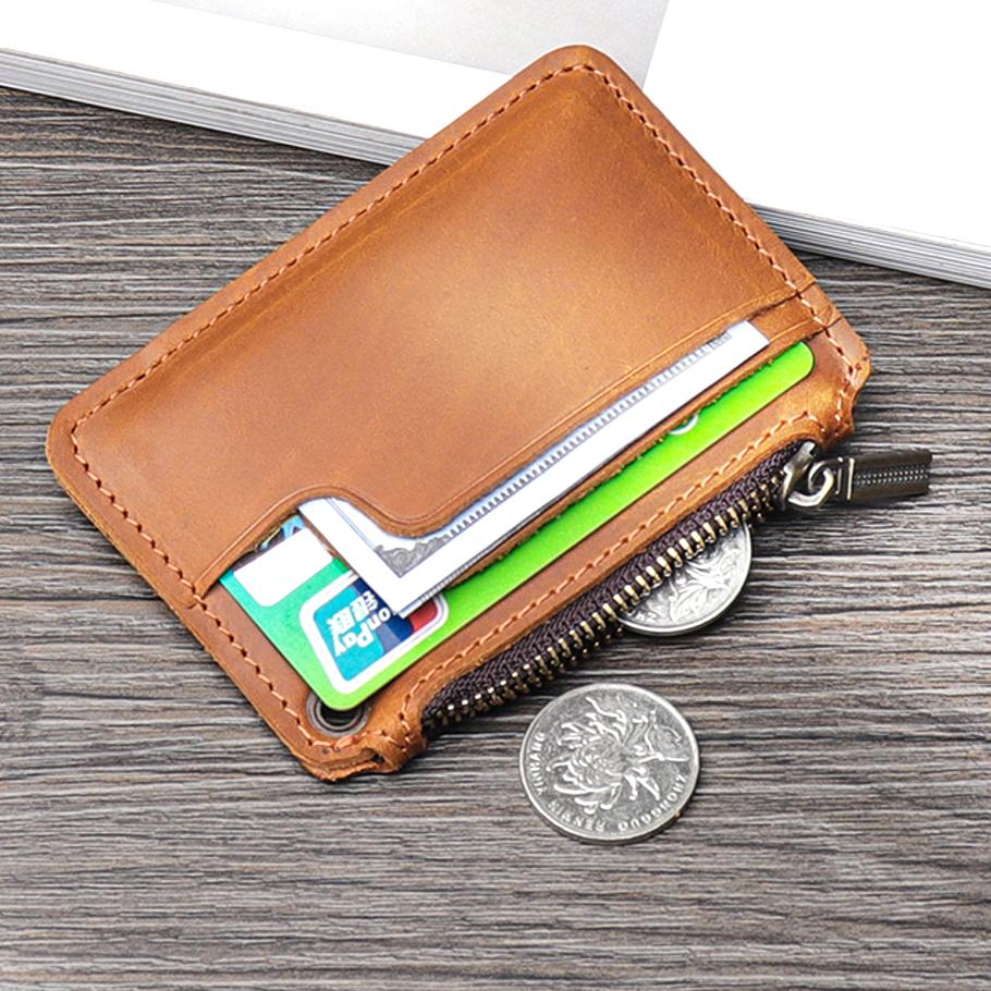 Retro Leather Card Holder  Change Bag  Mini Bag Cowhide Portable Zipper Hanging Key Thin Coin Bus Card Cover