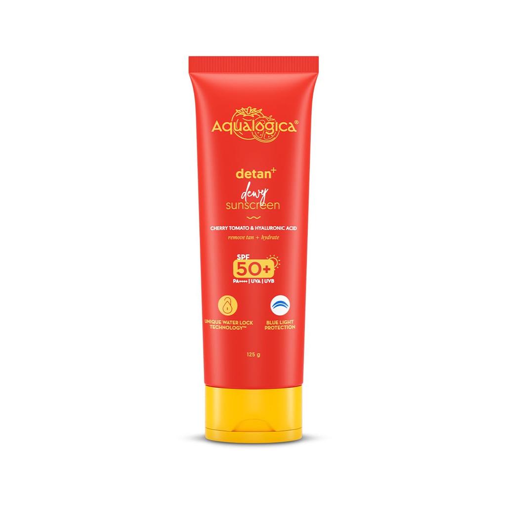Aqualogica Солнцезащитный гель Detan+ с эффектом сияния, легкий, SPF 50+ и PA++++ | Для защиты от UVA/B и синего света | Для нормальной, чувствительной и сухой кожи | Загар