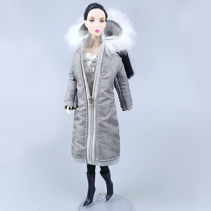 Серое зимнее теплое длинное пальто с капюшоном для куклы Барби, одежда, парка для 1/6 куклы BJD, куртка 1:6, аксессуары для кукол, детские игрушки