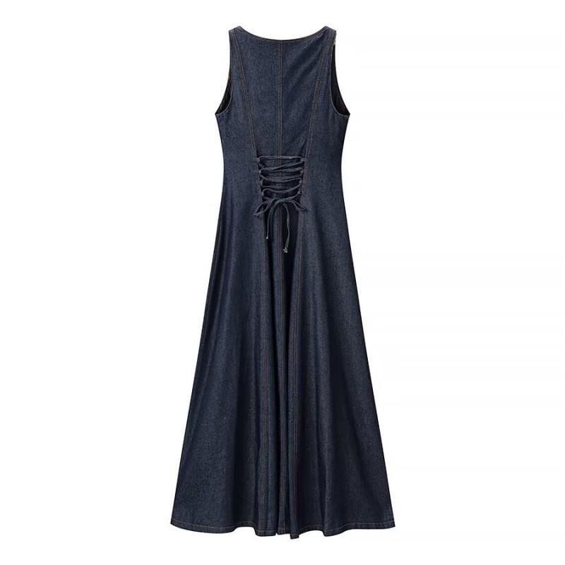 Womens Fashion Denim Dress U-Neck Gold Buttons Slim Fit Mid-Length 2026