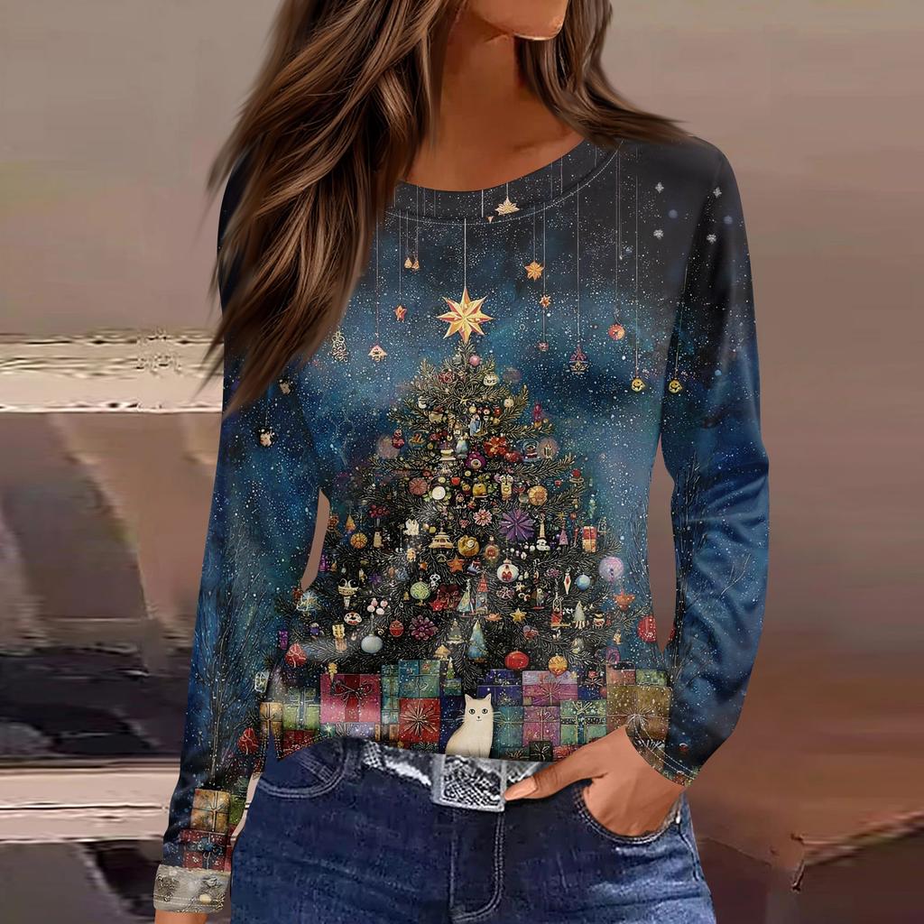 Women's Fashion Hem Slit Casual Christmas Printed Round Neck Long Sleeve Top
