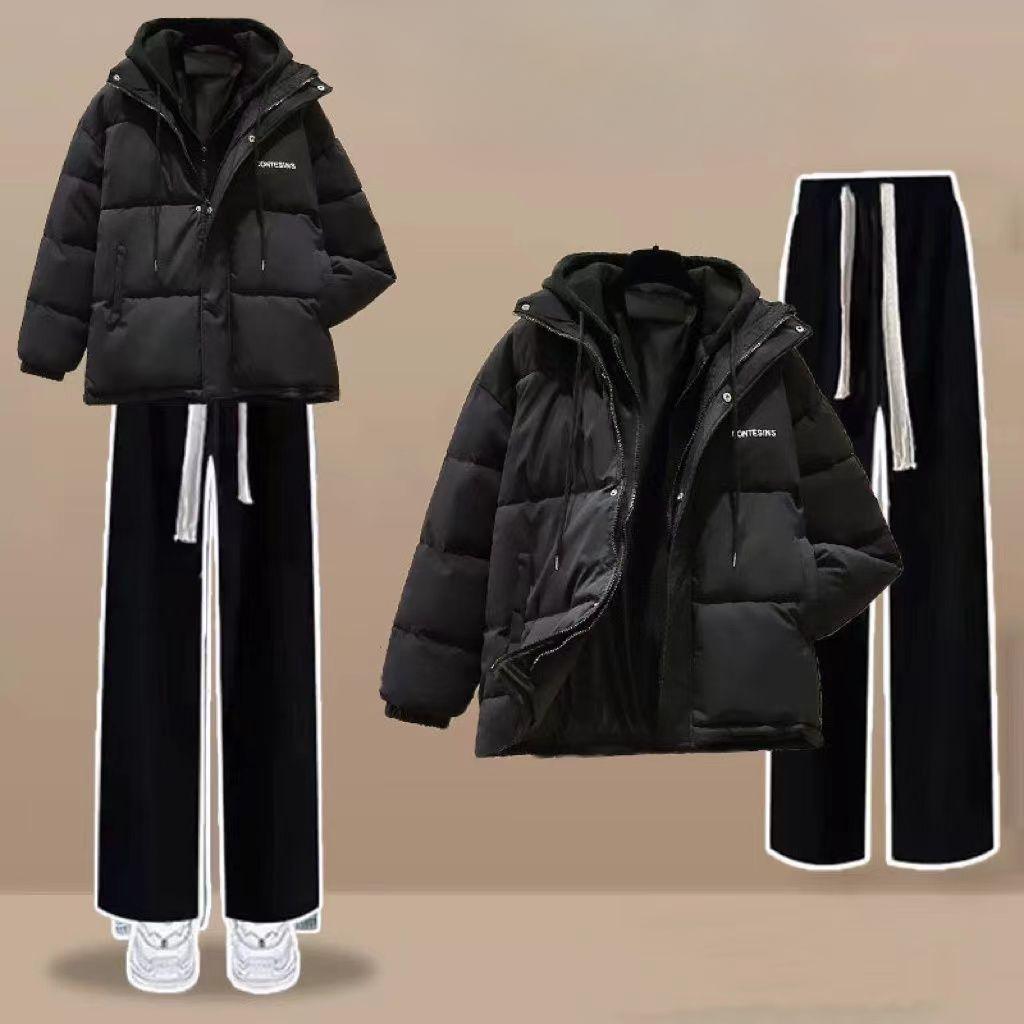 Winter Women's Cotton-padded Hooded Jacket + Thickened Wide-leg Pants Fashion Two-piece Suit