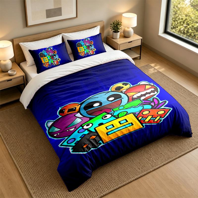 Soft Bedding Set Geometry Dash Pattern, 1 Duvet Cover plus 2 Pillowcases Stylish Bedroom Home Textile