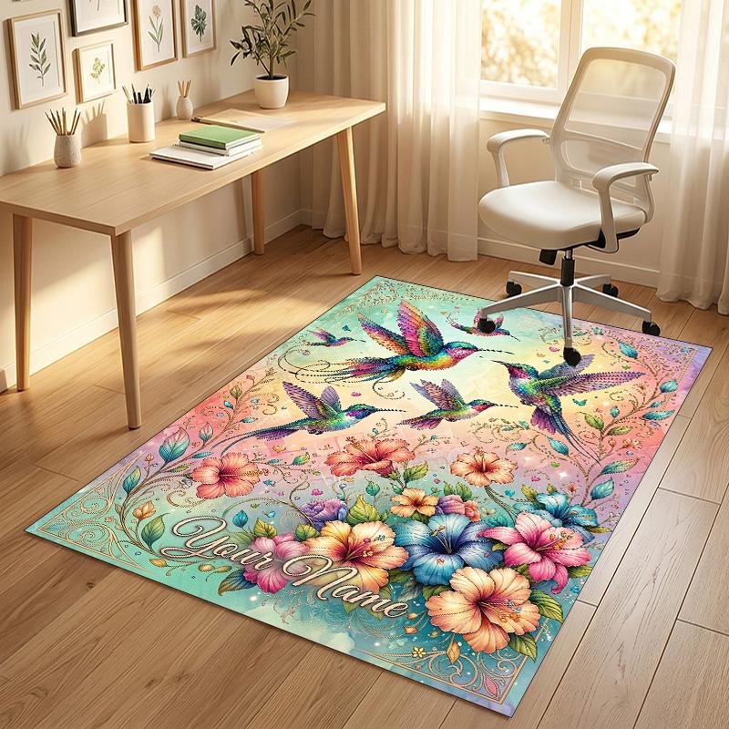 Hummingbirds Floral Theme Soft Crystal Velvet Rug Custom Name & Text Print Non Slip Floor Rug for Bedroom Living Room