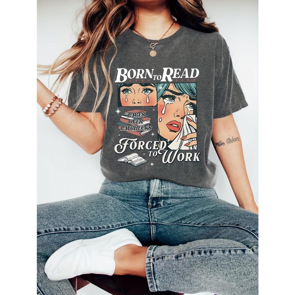 Reading Book Graphic Print T-shirt, Short Sleeve Round Neck Casual Top, Suitable for Summer and Spring, Women's Clothing