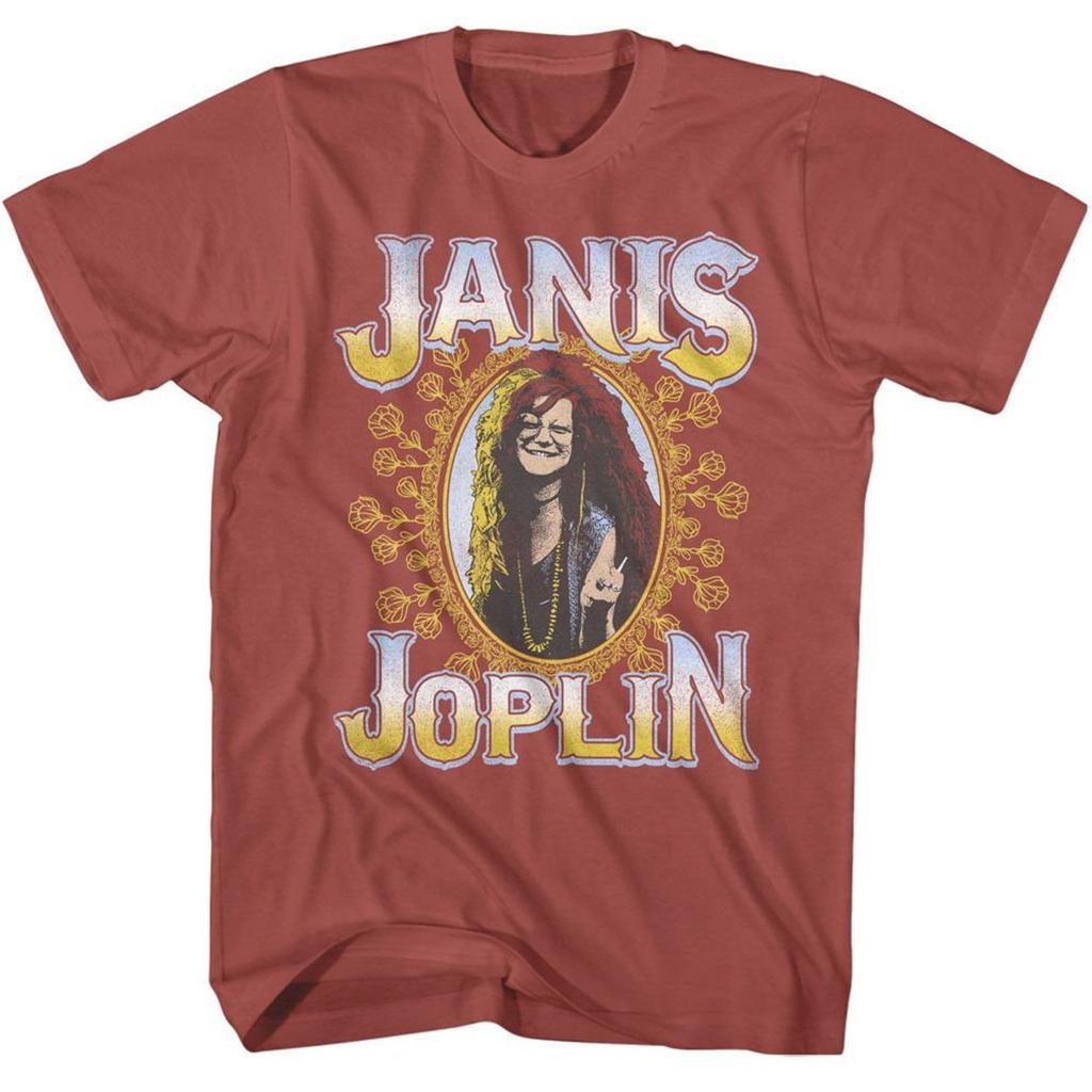 Janis Joplin Floral Frame Terracotta Adult T-Shirt