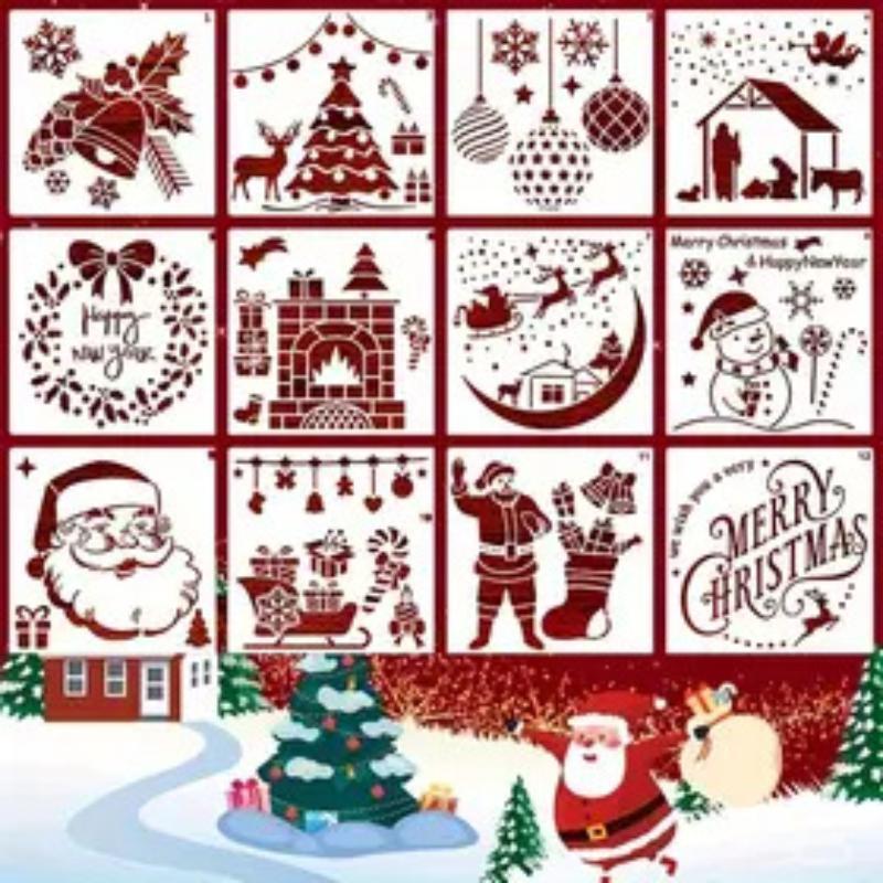 12/16Pcs Christmas Series Painting Stencils Reusable Washable For Watercolor Stone Graffiti And More