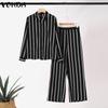Женские осенние комплекты с длинным рукавом и полосатыми рубашками и брюками