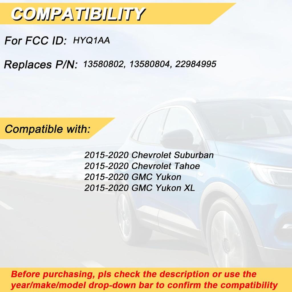 Key Fob Replacement for 2015- Chevy Suburban Tahoe/ 15-20 GMC Yukon & Yukon XL Car Keyless Entry Remote Control,HYQ1AA,6 Buttons