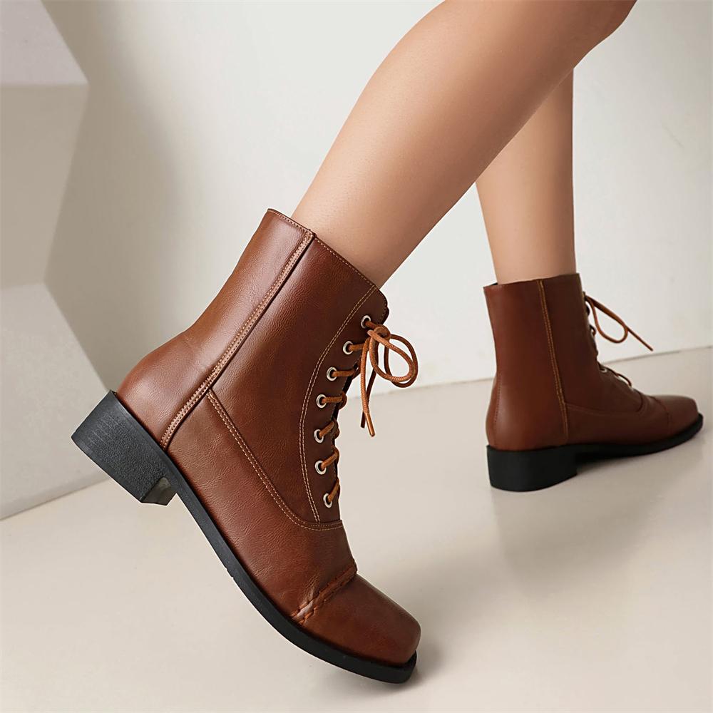 Модные универсальные женские ботильоны Осень/зима Британский стиль Искусственная кожа Короткие ботинки Шнурки Для поездок на работу Плоская подошва Мотоциклетные ботинки