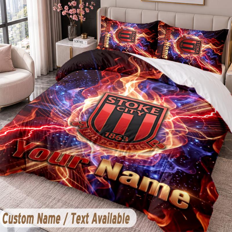 Stoke City FC Printed Bedding Set Custom Name Text 1 Duvet Cover 2 Pillowcases For Bedroom