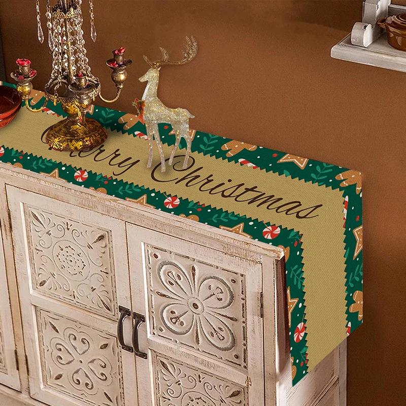 2025 Льняной Рождественский Цветок Безликий Гном Лось Дерево Печатный Дорожка для Стола Баннер Кухонная Скатерть Покрытие Стола Украшения Дома