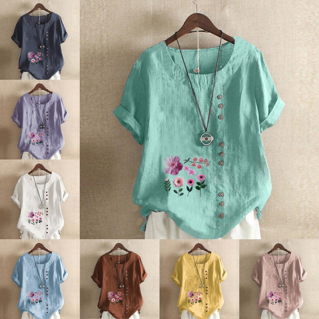 Women's Fashion Round Neck Short Sleeve T-shirt Casual Cotton Linen Graphic Shirt Leisure Loose Flowers Prined Summer Blouse Tops