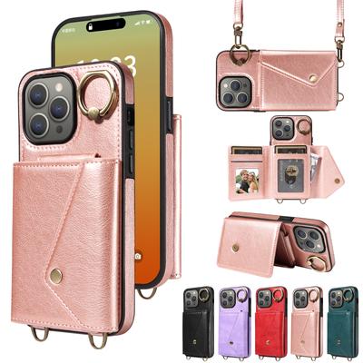 Для iPhone 15 серии. Для iPhone 15, 15 Plus, 15 Pro, 15 Pro Max плечевой ремень веревка кольцо кронштейн дизайн держатель для карт слоты личи узор чехол для телефона