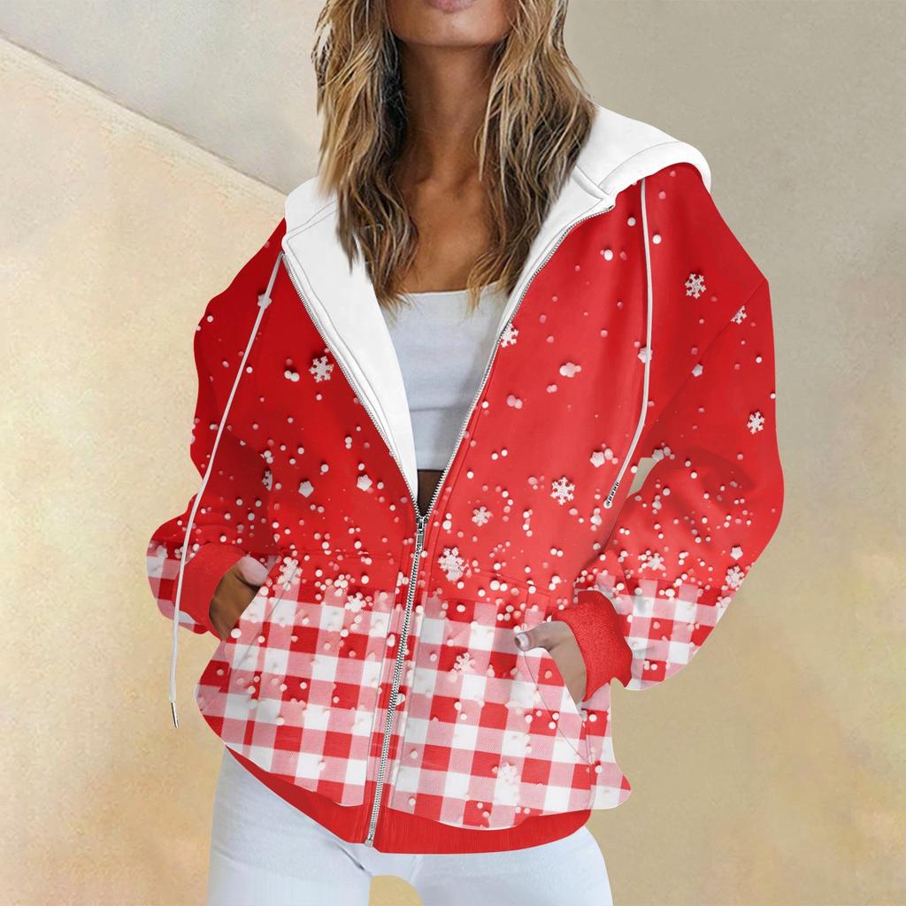 Женская модная повседневная толстовка с рождественским принтом и длинными рукавами, карманная куртка, пальто с капюшоном на молнии