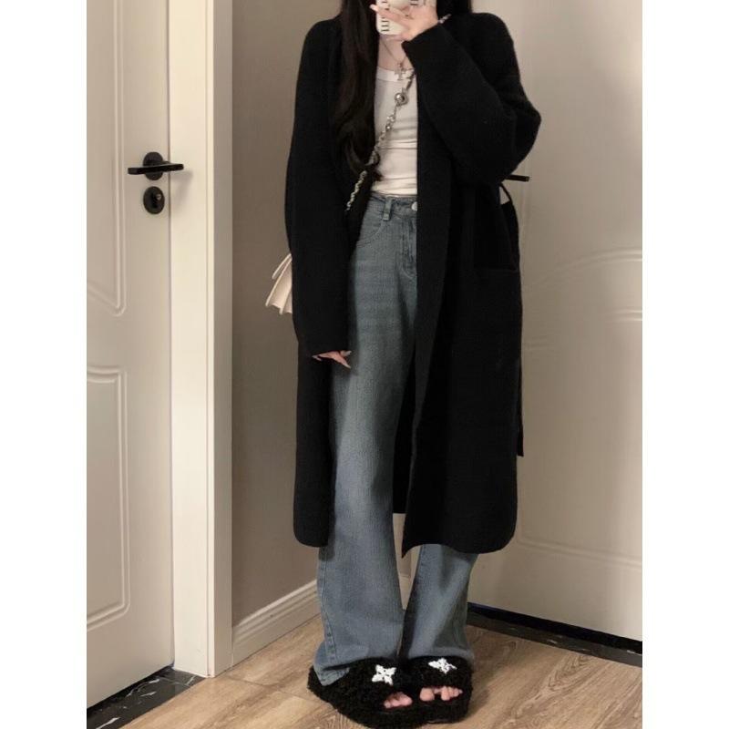 Осень-зима Новая мода V-образный вырез длинный рукав однотонный средней длины кардиган женская одежда свободные корейские трикотажные трендовые топы