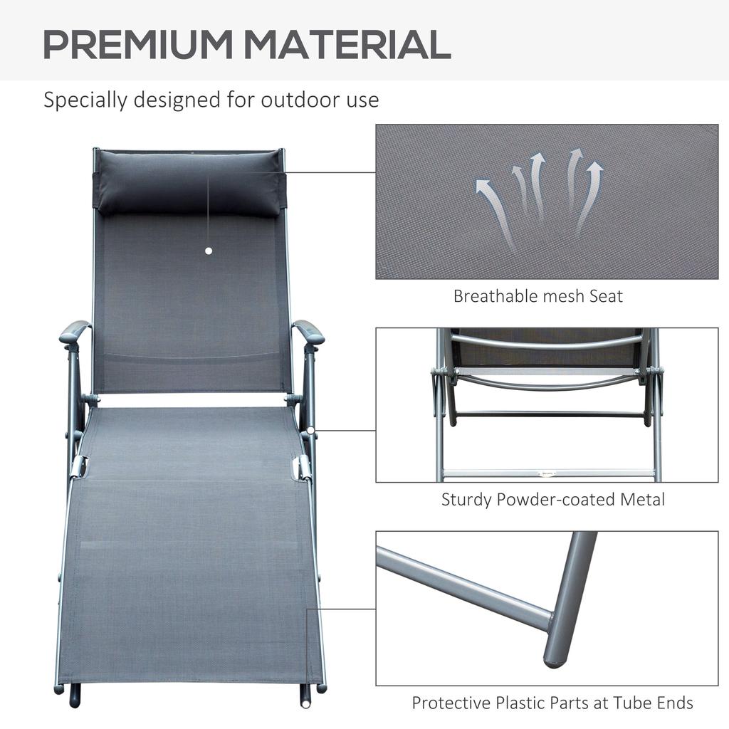 Sun Lounger Steel Frame Outdoor Folding Chaise Texteline Lounge Chair Recliner With Headrest And 7 Levels Adjustable Backrest Grey