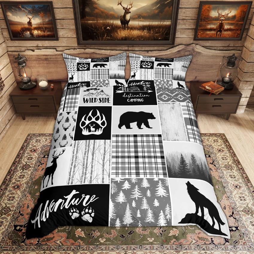 Comforter Homewish Rustic Deer Bear Woodland Animal Checkered Set Farmhouse Lodge Cabin Bedding Set