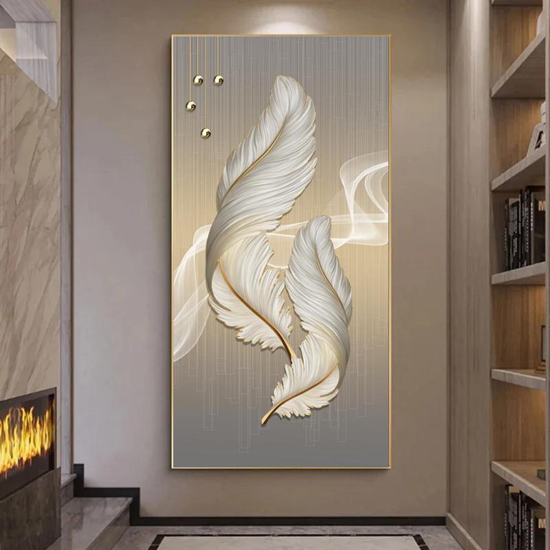 Abstract Feather Golden Yellow Deer Posters Prints Golden Feathers Canvas Painting Tree Wall Art for Living Room Home Decor