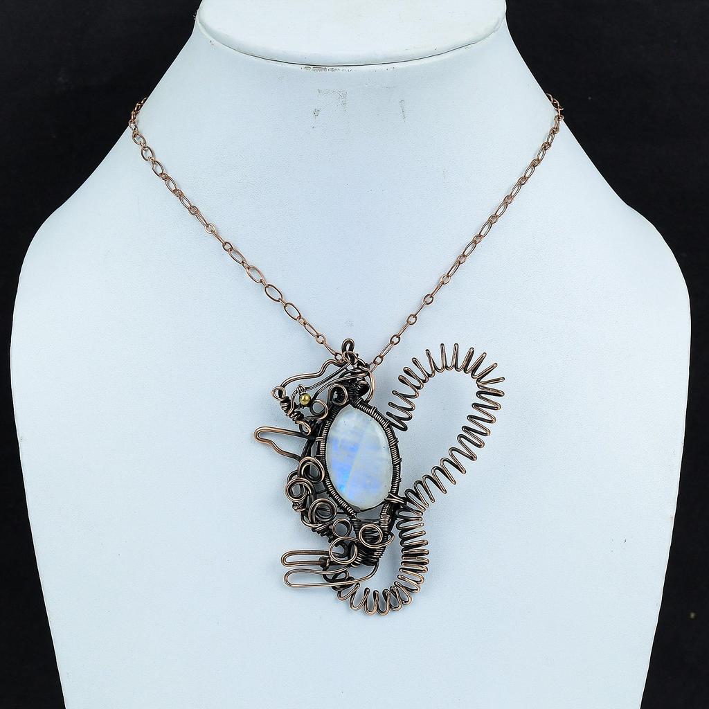 Подвеска Rainbow Moonstone, медная проволочная обертка, подвеска с драгоценным камнем, подвеска в виде кролика, медные украшения, подвеска ручной работы, проволочная обертка, подарок для него