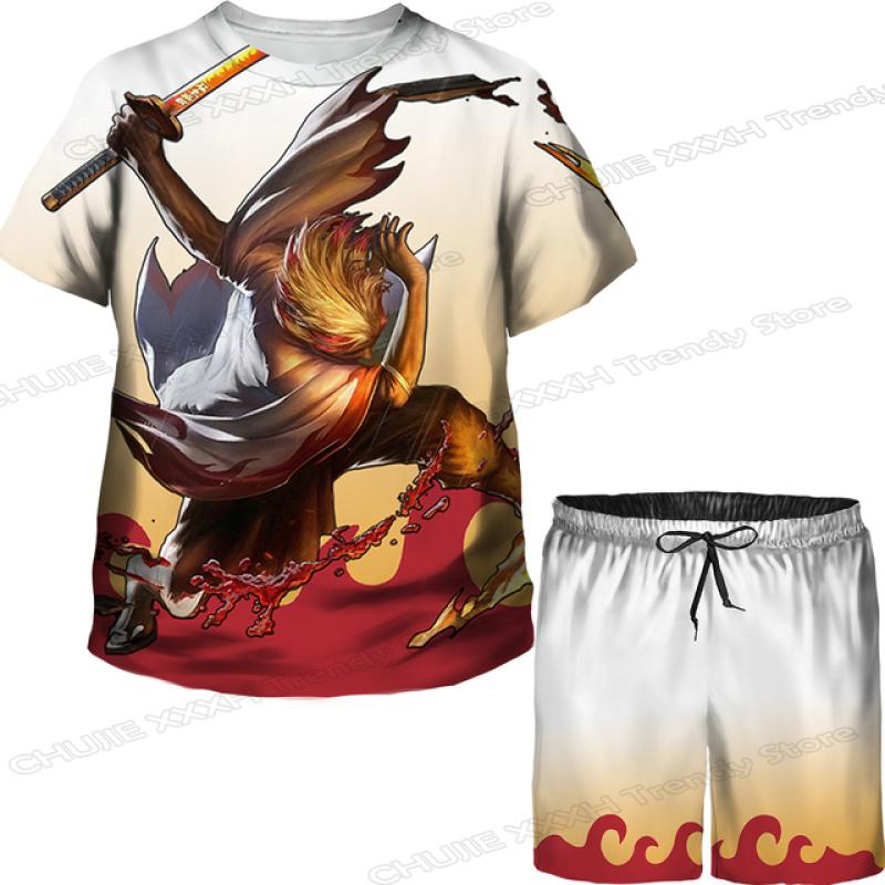 Детские топы/брюки/костюм с 3D принтом японского аниме «Убийца демонов» для девочек Kimetsu No Yaiba Tomioka Giyuu, комплект футболок и шорт с мультяшным рисунком