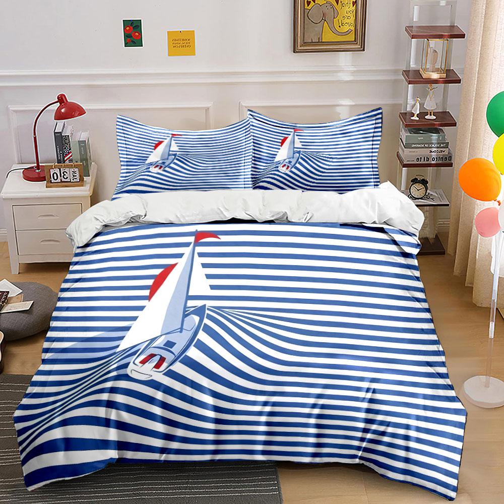 Sailboat Striped Pattern Decor Set Bedding Set with 1 Duvet Cover 2 Pillowcases Single Double King Queen, Gift