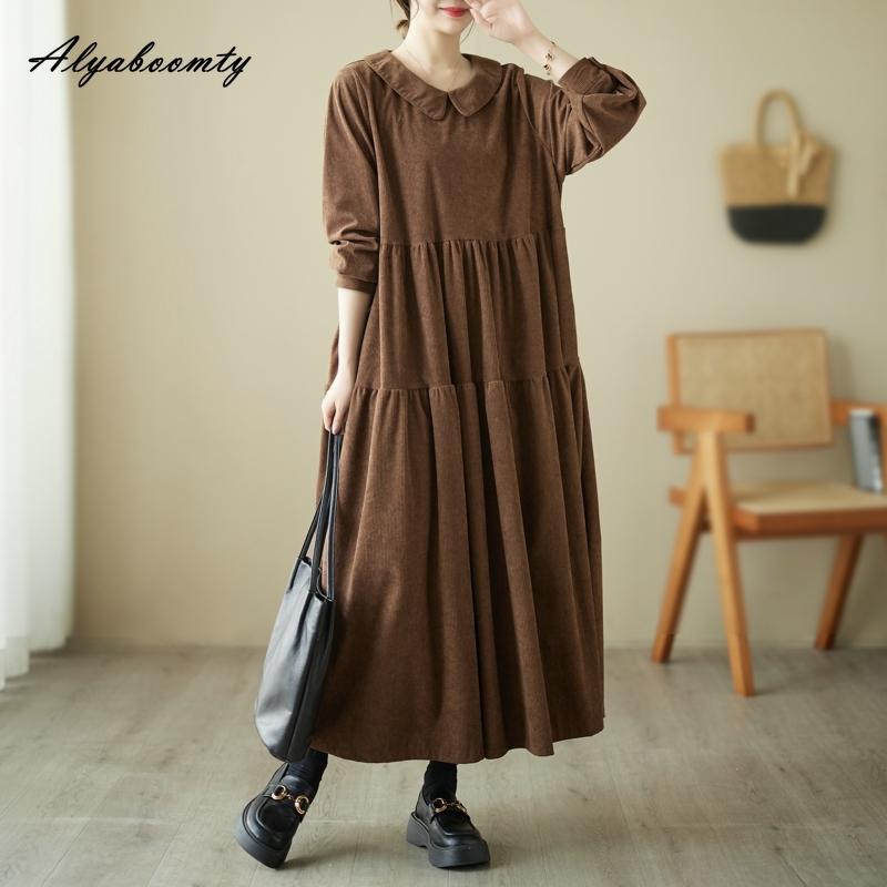 Плюс размер осень-весна женское платье большого размера с воротником Питера Пэна черно-зеленое кофейное повседневное свободное платье винтажное вельветовое платье с длинным рукавом