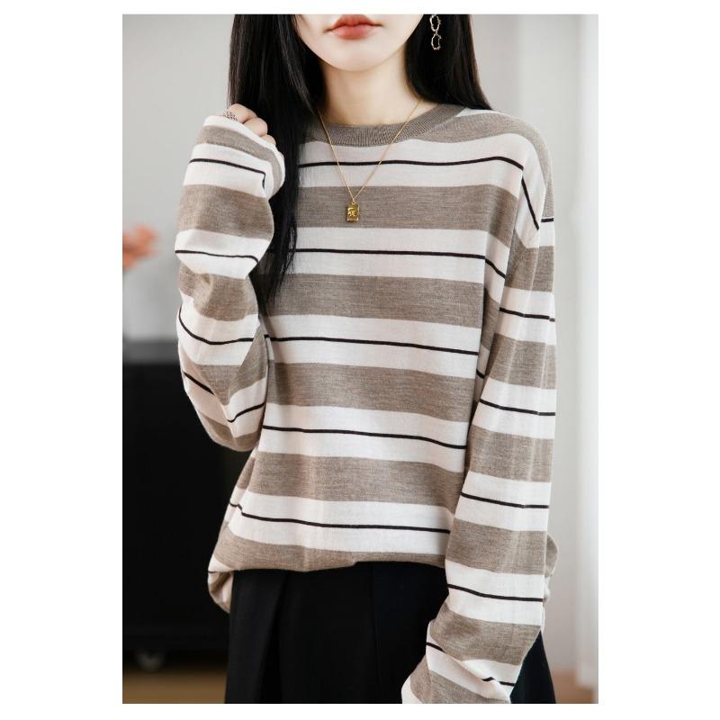 Retro Contrasting Striped Long Sleeved Women's Sweater Round Neck Loose Thin Sweater New Casual Top