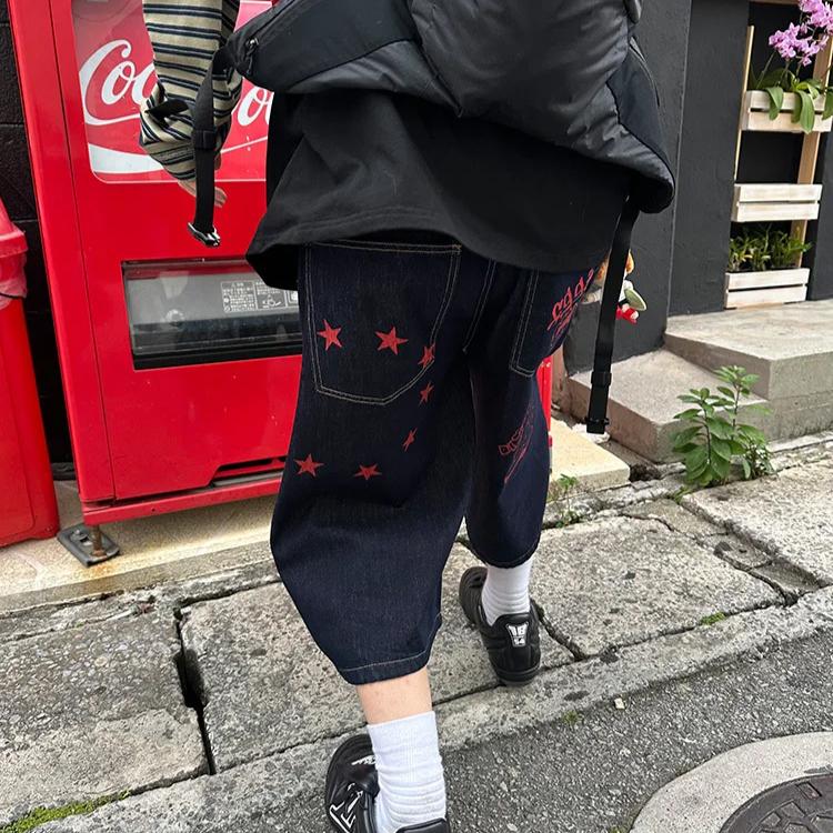 ZYLLO Американский мультяшный принт Широкие джинсовые укороченные брюки Свободные повседневные прямые шорты