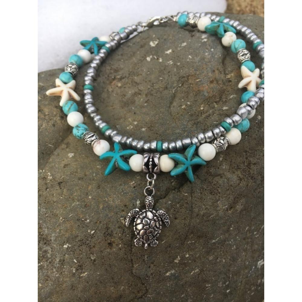 Beach Anklet Ankle Bracelet Turtle Anklet Starfish Anklet Nautical Anklet  Beaded Anklet (Color: Silver)