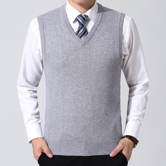 Men Vest Sweater V Neck Sleeveless Slim Fit Solid Color Knitted Pullover Slim Fit Mid Length Thickened Business Style Sweater