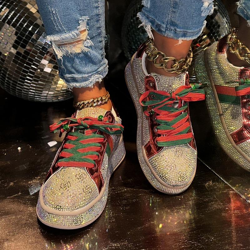 Модные женские трендовые кроссовки на платформе, на шнуровке, со стразами, повседневная обувь, модная блестящая женская обувь, дизайнерская обувь класса люкс