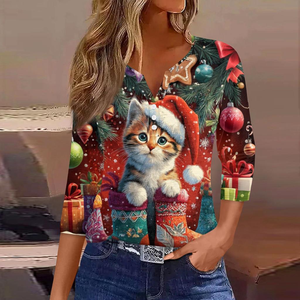 Women's Fashionable Casual Christmas Printed V-neck Three-quarter Sleeve Decorated Button Top