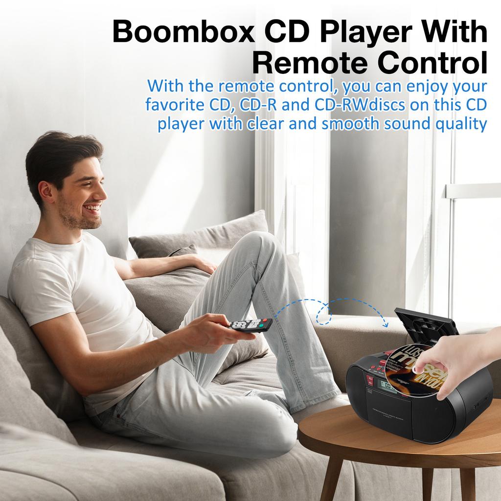 Ретро Бумбокс, Портативный CD-кассетный плеер с Bluetooth, FM-радио, Воспроизведение с USB AUX, Пульт дистанционного управления, Стереодинамик с двойным питанием