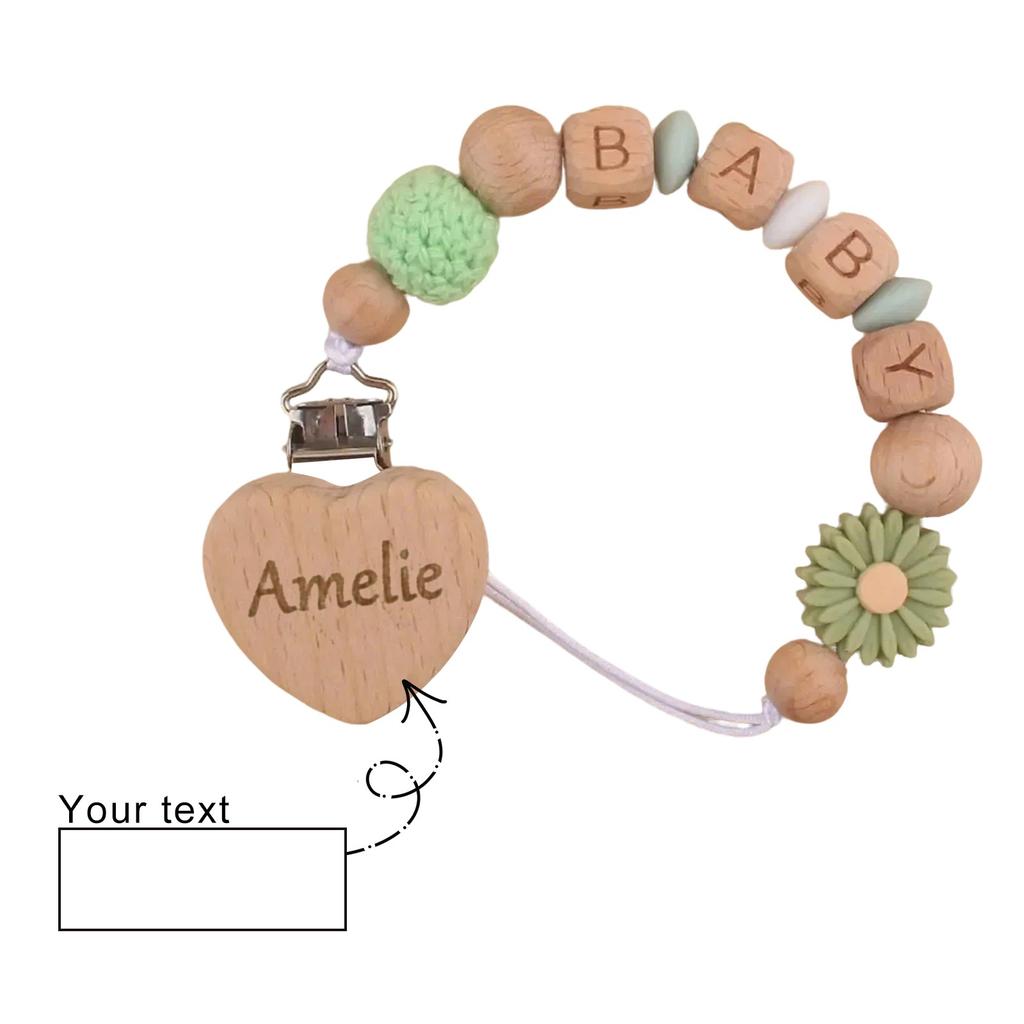 Персонализированная гравировка на зажиме для детской соски, цепочка для детской соски, зажим для персикового дерева из бука, цепочка для прорезывания зубов