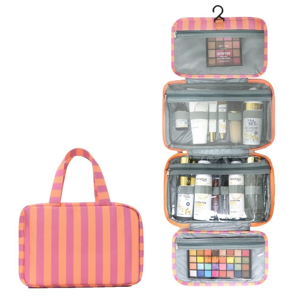 Portable Hanging Travel Toiletry Bag Striped 4-Fold Cosmetic Organizer with Hook Large Capacity Makeup Bag Outdoor