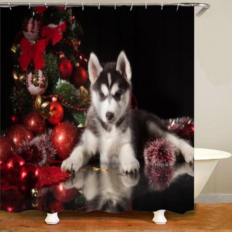 Cute Siberian Husky Shower Curtain Christmas Shower Curtain Set Husky Dog Puppy Bathroom Curtain Pet Dogs Christmas Home Decor