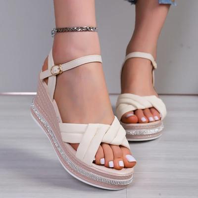 2024 Новые летние модные женские пляжные сандалии с круглым носком, открытым носком, пряжкой, толстым покатым каблуком, кристаллами и высоким каблуком