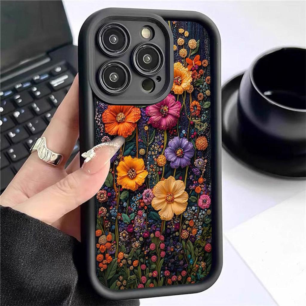 Черный кейс с рифленым цветочным узором для iPhone 14–17 Pro Max