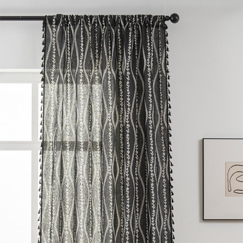 Полосатые Цветочные Бохо Шторы для Спальни Гостиной, Богемные Винтажные Кисточки Оконное Убранство Драпировка для Домашнего Декора Карман для Карниза, 1 шт.