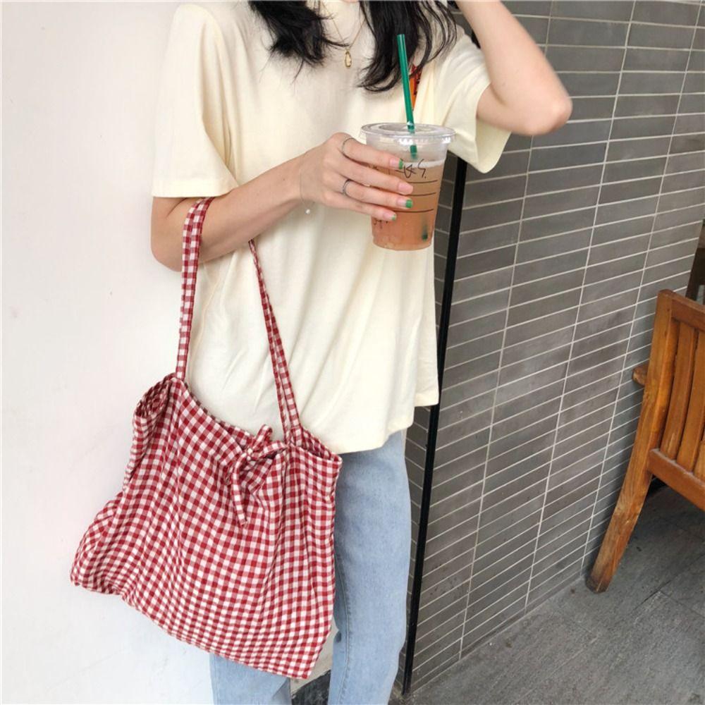 Print Grid Pattern Canvas Bag Retro Handbag Simple Printed Shoulder Bag Women