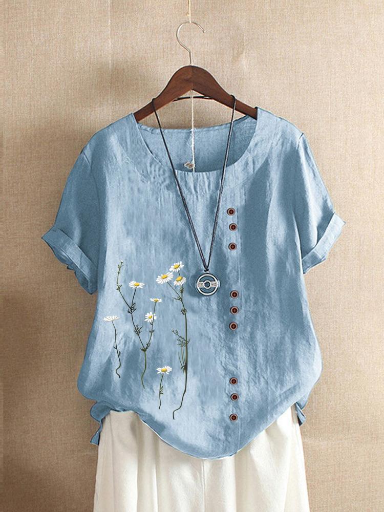Cotton and Linen Printed T Shirt Tops Women's Summer Loose T Shirt Shirts