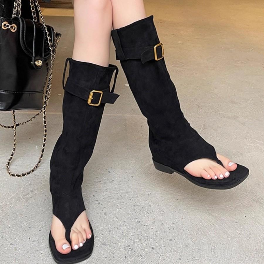 Sheepskin Spring and Summer New Toe Flip-flops Cool Boots Pants Hot Girls Western Pile Cowboy Boots Sandals Women's Tide