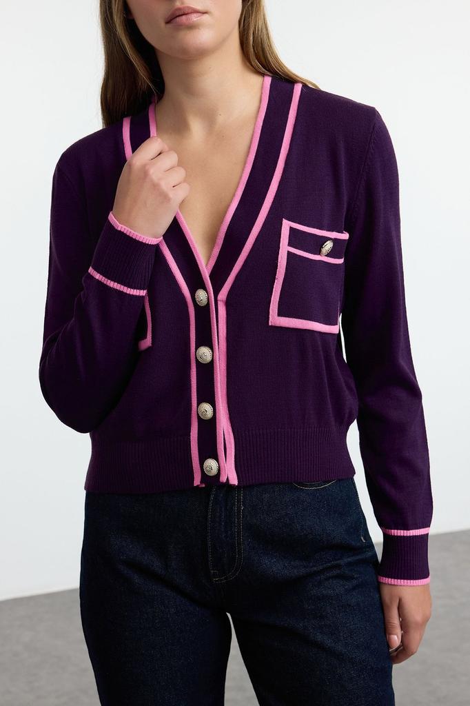 Women's Elegance Style Cardigan Black Color Block Knitwear Cardigan