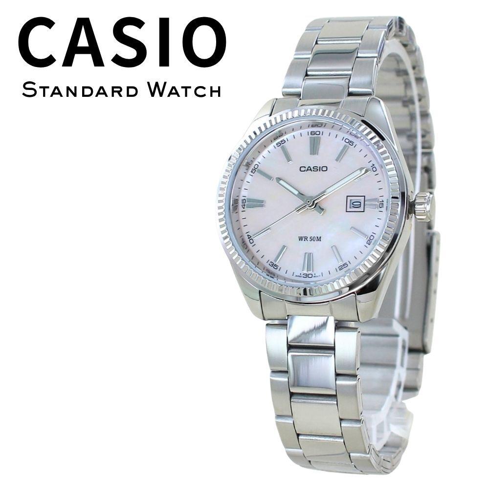 CASIO white date 50m water overseas no or entrance women's watch, shell, silver, analog, calendar, resistant, model, box. age