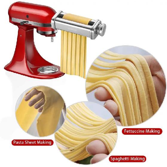 Насадка для пасты для миксера KitchenAid, Валок для раскатки теста для пасты, Резак для спагетти и феттучини, Нержавеющая сталь, Подходит для всех миксеров KitchenAid Chef