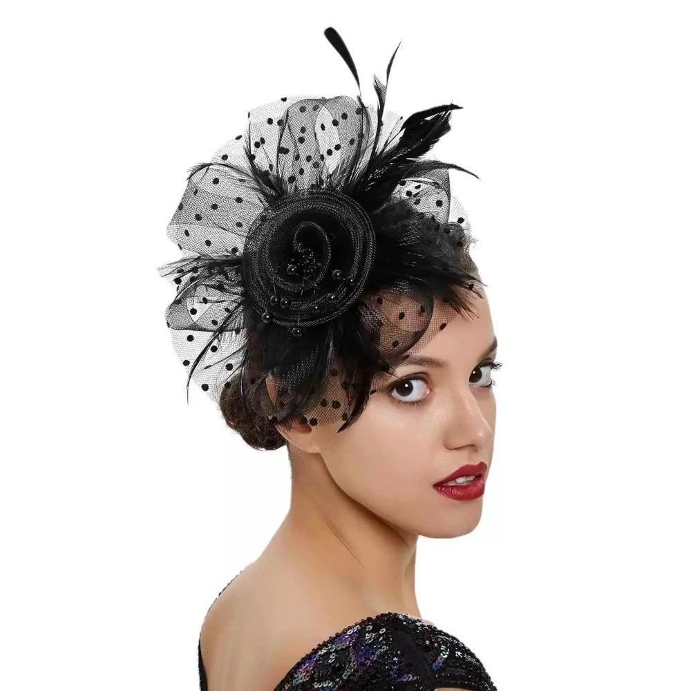 Polka Dot Feathers Fascinator Hat Elegant Bride Headdress Tea Party Mesh Hair Band Dance Show