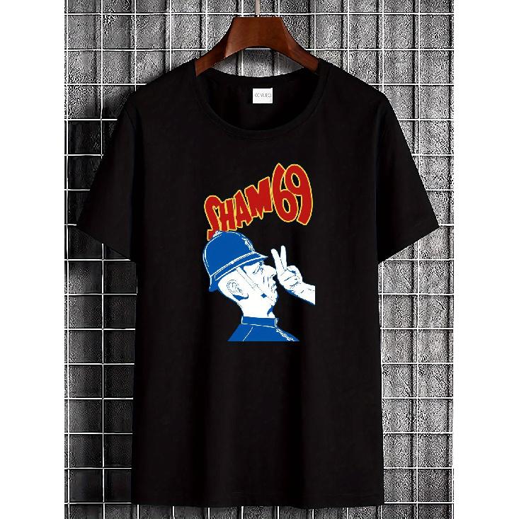 VTG Sham 69 Band Men'S T-Shirt | White Crew Neck Short Sleeve with Red and Blue Graphic, All-Season Casual Streetwear, JOOCAR Brand