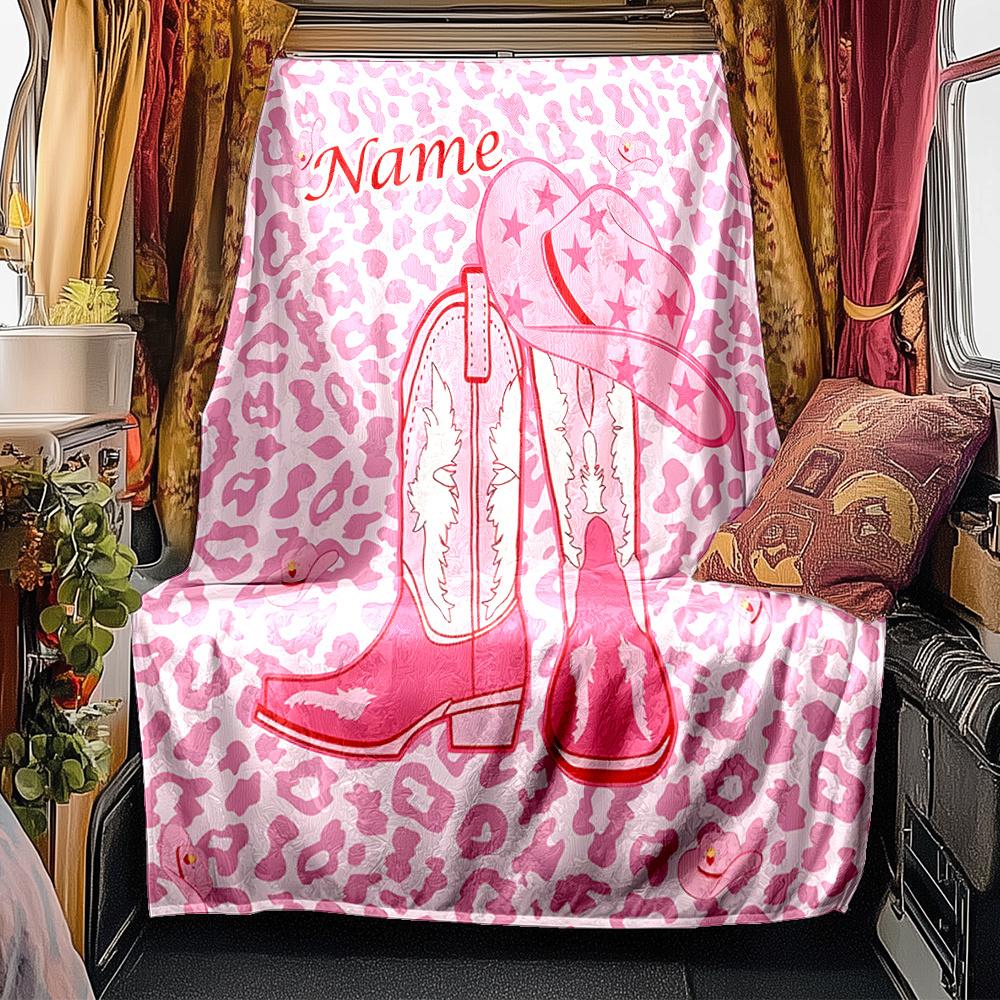 Pink Cowboy Boots And Hat On Leopard Background Blanketcustomizable With Your Namecomfortable And Stylish Perfect For Travel Beds Chairs Offices Sofas